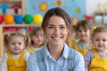 Teacher presenting lesson to young students in classroom at school sitting on floor listening