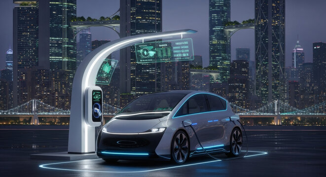 Silver electric car charging at a futuristic charging station in an urban setting with skyscrapers in the background at dusk. - Powered by Adobe