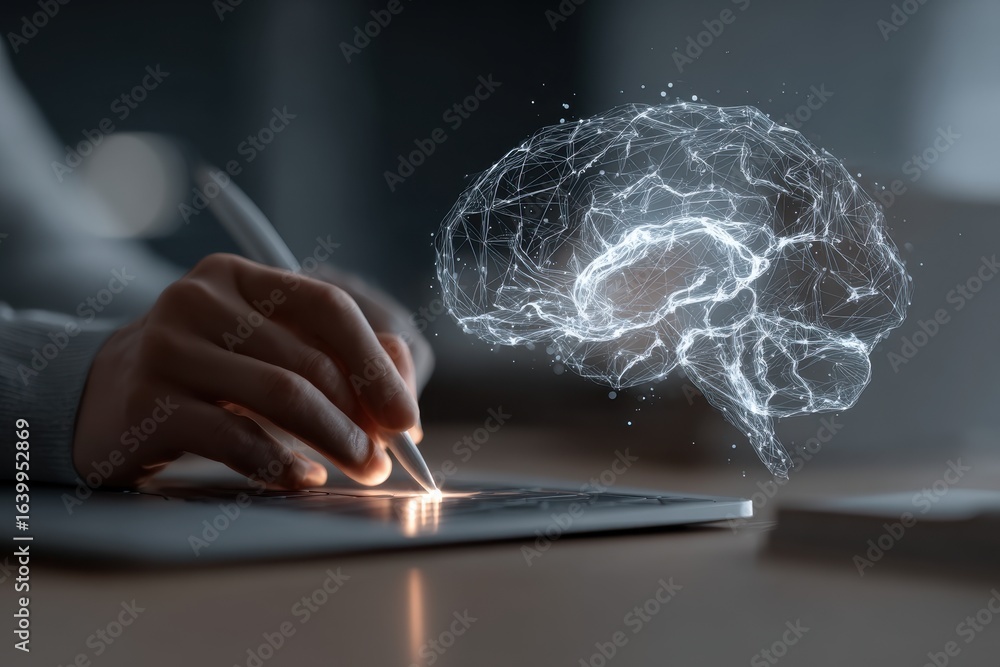 Aufkleber digital mind over laptop simulates artificial intelligence, data, and computer processing