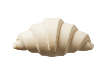 Unbaked, raw croissant with distinct, pale dough layers and classic crescent shape, floating against a solid transparent background with no shadows, commercial food photography concept