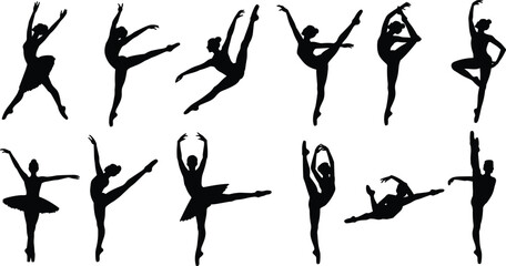 Ballet dancer silhouettes in motion, classical dance poses, elegant choreography, pirouette and arabesque forms, graceful movement, ballet art vector, athletic performance.