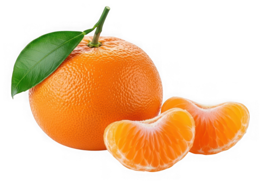 A whole mandarin orange with segments and a leaf isolated on white isolated on transparent background