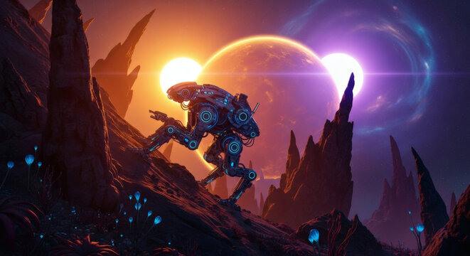 A futuristic robotic creature with glowing blue accents walks across a rocky, alien landscape under a sky with two suns and a swirling purple nebula.