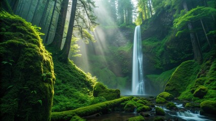 Discover the serene beauty of a vibrant green forest with a stunning waterfall cascading through the trees