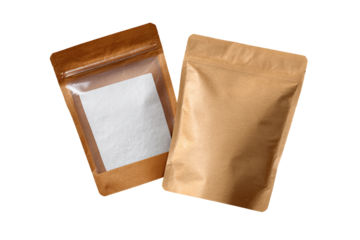 Two kraft paper pouches, one overlapping the other, with clear plastic windows