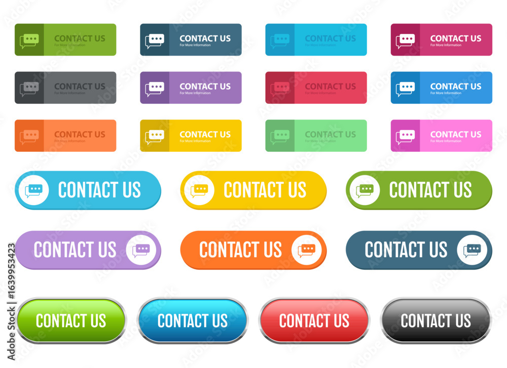 Aufkleber collection of colorful rectangular and rounded 'contact us' buttons, suitable for websites