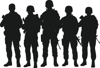 Soldier silhouettes in uniform, military team formation, armed forces illustration, rifle gear, helmeted troops, defense concept, war zone art, tactical vector, combat readiness.