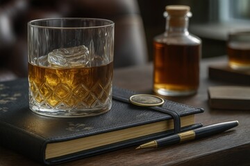 Relaxing moment with a classic drink by a leather-bound journal and a pen