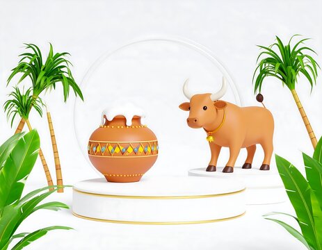 3D illustration of a clay pot (kalasam) and bull, possibly for a festival