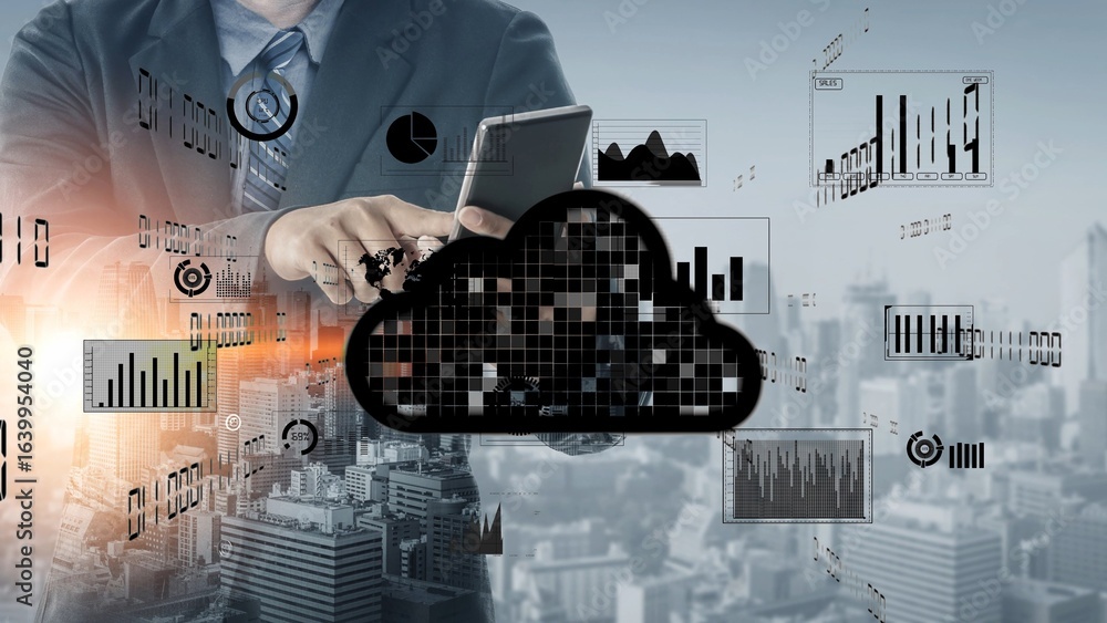 Aufkleber a businessman interacts with a mobile device amid cloud technology and data visualizations in a bust