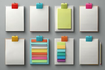 Assortment of office supplies including notebooks, pencils, sticky notes, and colorful tape arranged on a Gray background for a modern, creative workspace