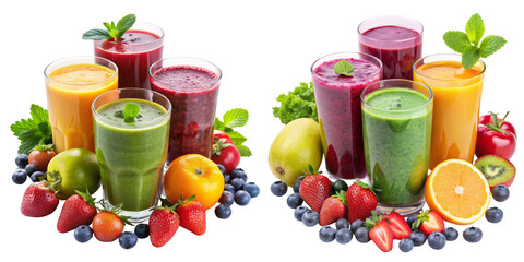 Six Delicious Fruit Smoothies Composition, Isolated on Transparent Background, Healthy Drink, Vitamin, Juice, smoothie, beverage, healthy