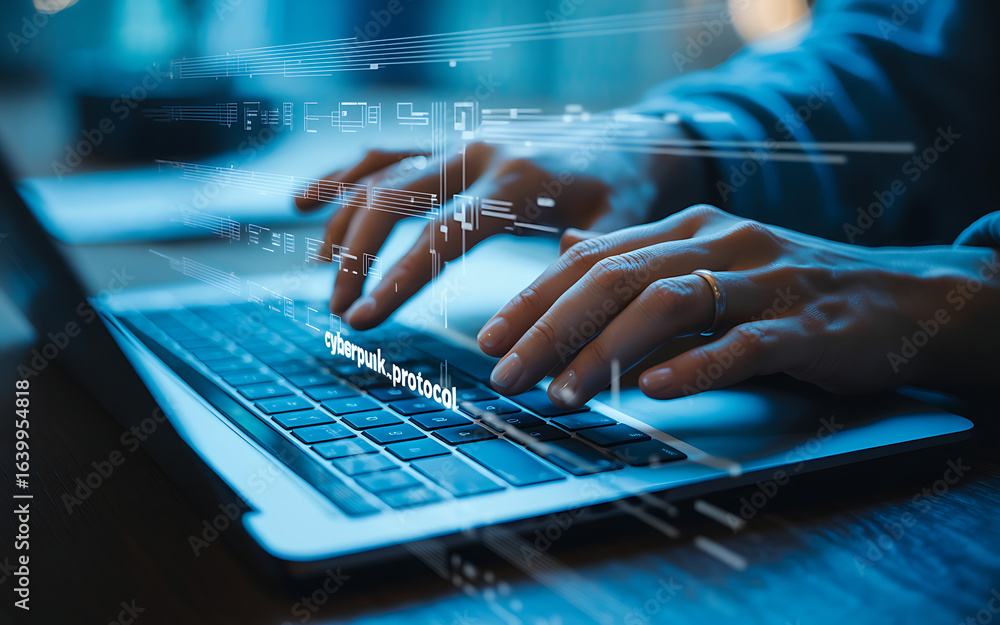 Poster cybersecurity expert coding on laptop for data protection