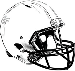 Fototapeta premium Profile view of a football helmet. Detailed illustration of a protective sports helmet, showing the shell, face mask, and other protective features. Clean, simple lines. Monochromatic image