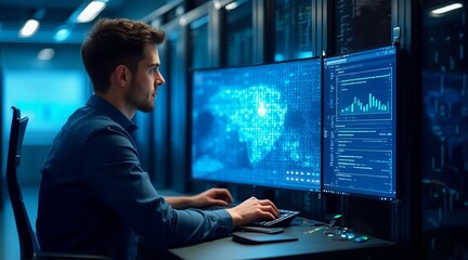 Data analyst in a high-tech control room with global data visualizations on screen