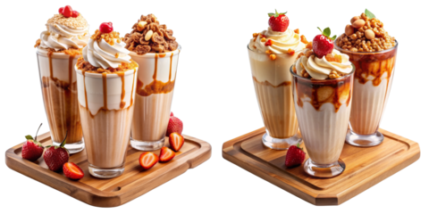 Three Delicious Caramel Milkshake Variations, Isolated on Transparent Background, Dessert, Creamy, Sweet Treat, Milkshake, Caramel, Dessert