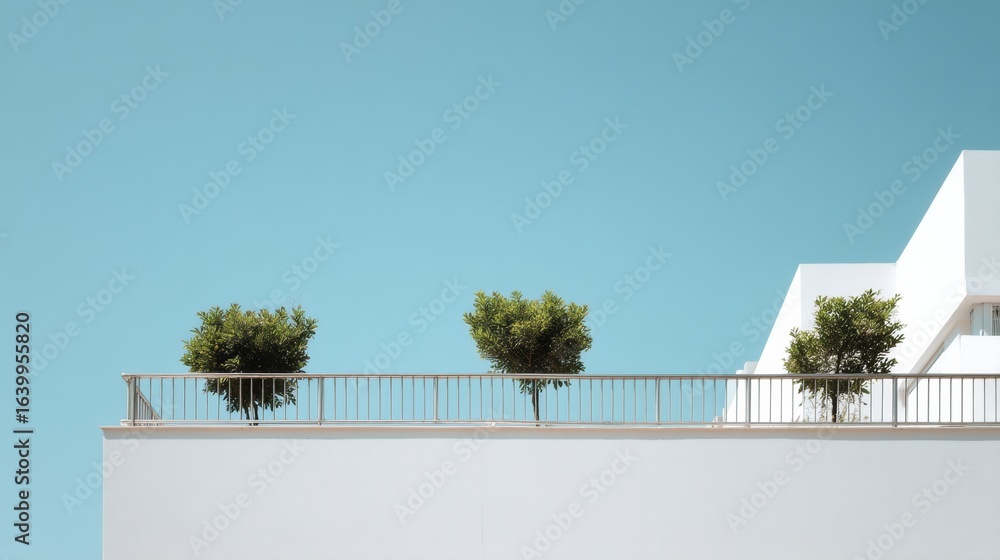 Poster minimalist facade featuring two small trees on balcony under clear blue sky, creating serene and mod