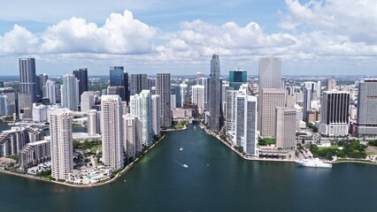 Aerial view of Brickell skyscrapers. Brickell cityscape of downtown Miami. Miami Brickell skyline above the coastline.
