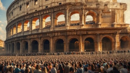 Golden Hour Spectacle: A Vast Crowd Fills the Ancient Roman Colosseum