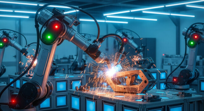 Robotic arms welding a metal piece in a factory setting, with sparks flying and monitors displaying data in the background, illuminated by blue lights.