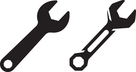 Two black wrench tools, simple solid and outline style, isolated vector illustration