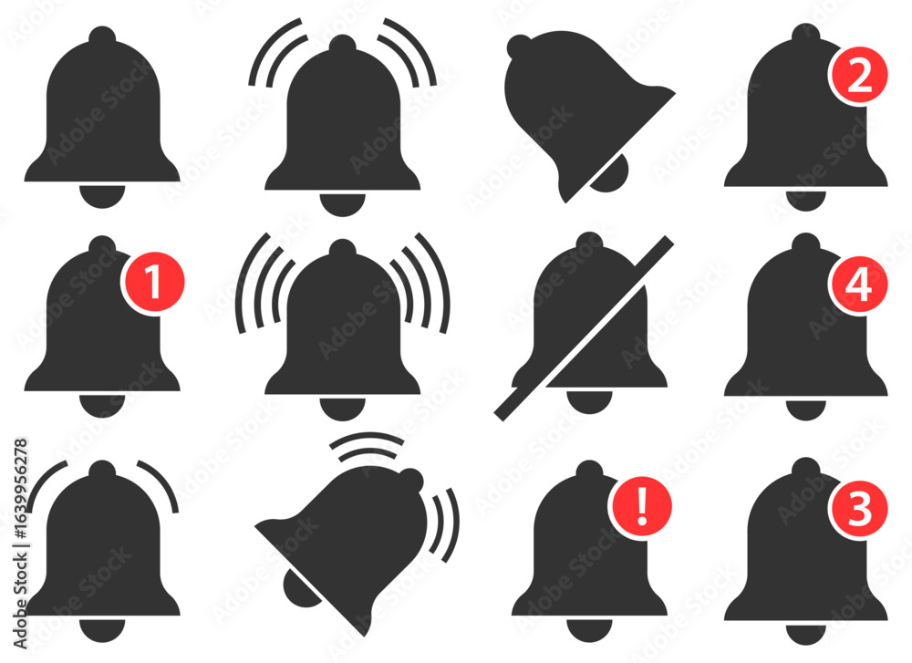 Aufkleber multiple notification bell icons in various states, some with alerts and ringing indicators.