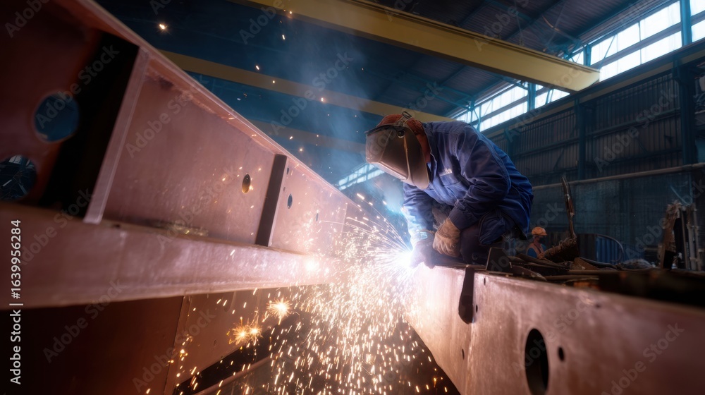 Poster welding process in shipyard, showcasing worker in protective gear creating sparks while working on m