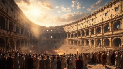 Golden Sunbeams Illuminate a Vast Crowd in the Ancient Colosseum