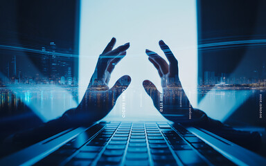 Cybersecurity hands typing on laptop with futuristic overlay