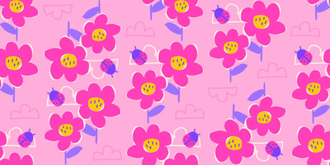 Hand-Drawn Vector Floral Pattern with Ladybugs and Clouds in pink
