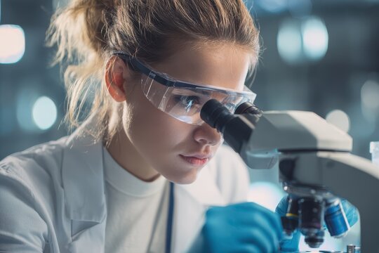 Young female researcher examining samples under a microscope in a lab - Powered by Adobe