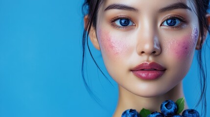 Close-up portrait of a young woman with berry-inspired makeup.