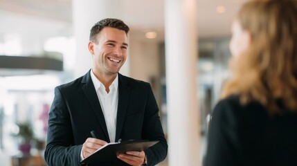Fototapeta premium Real estate agent engages with client, presenting property details with smile. professional atmosphere highlights effective communication and customer service in modern setting
