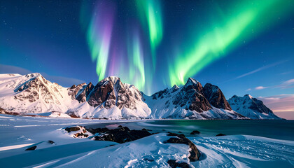 Aurora Borealis over snowy mountains. (10)