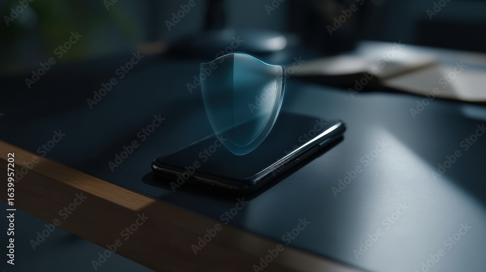 Poster smartphone rests on desk, with holographic shield hovering above it, creating futuristic and secure 