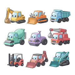 Cute collection of cartoon construction vehicles. A set of friendly industrial machine characters for kids.