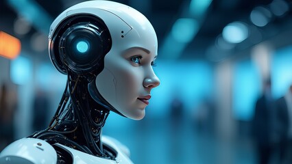 Pensive side profile of a beautiful female cyborg with intricate mechanics