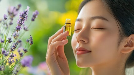 Woman smelling essential oil, surrounded by lavender.
