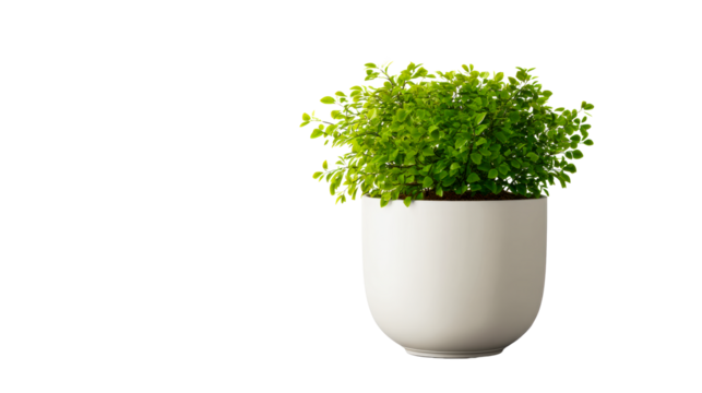 Potted green shrub with small leaves in a modern white planter