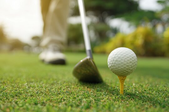Young man golfing on grassy field
