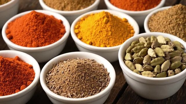 A collection of spices including powders seeds and pods displayed in white bowls on a wooden surface