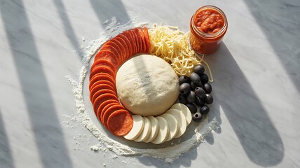 Pizza Ingredients Arranged on a Marble Surface Ready for Baking a Delicious Home Made Meal with Pepperoni and Cheese