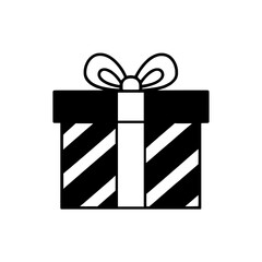 Gift box black, white stripes and bow isolated background, present icon