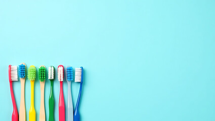 Colorful Toothbrushes Arranged on a Light Blue Background