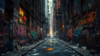Gritty Urban Alleyway Illuminated by Warm Light, Covered in Vibrant Graffiti and Litter
