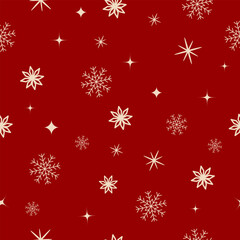 Seamless red pattern with snowflakes and stars, crisp winter repeat for wrapping, textiles, cards, and seasonal decor.