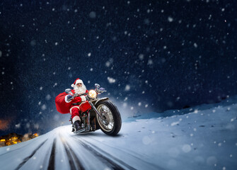 クリスマスプレゼントをオートバイで届けるサンタクロースのイラスト_02