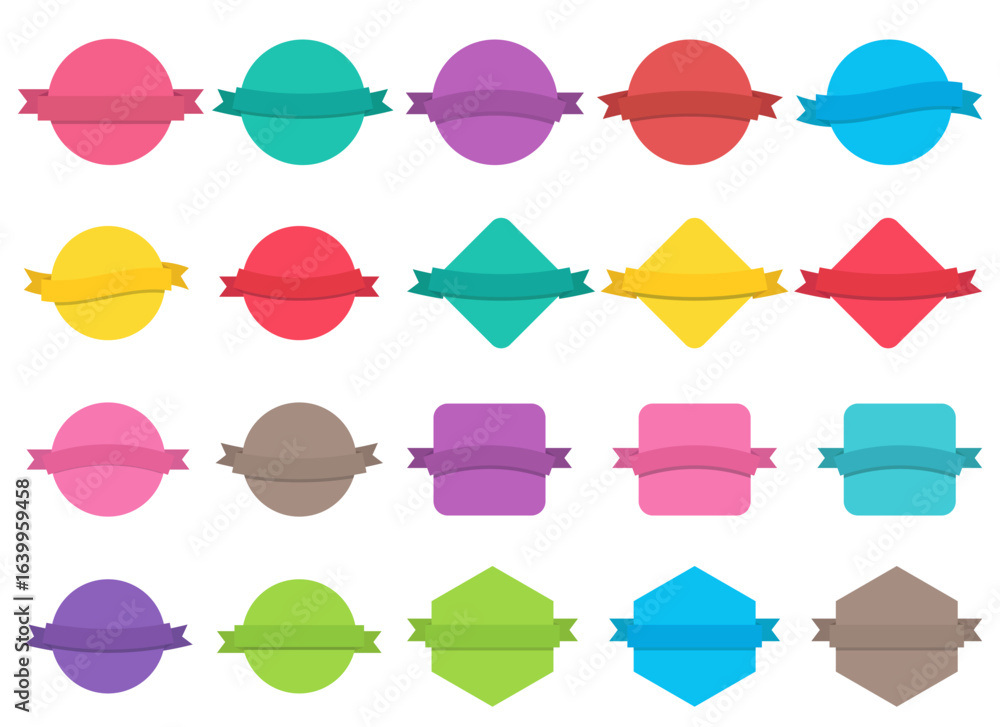Poster assorted colorful geometric badge set with different shapes and ribbon banners, flat design.