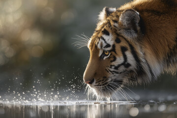 A majestic tiger drinking water, showcasing its striking features and calm demeanor. The tiger is drinking water from the river