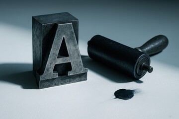 Classic printing block with letter A and ink roller on a work surface